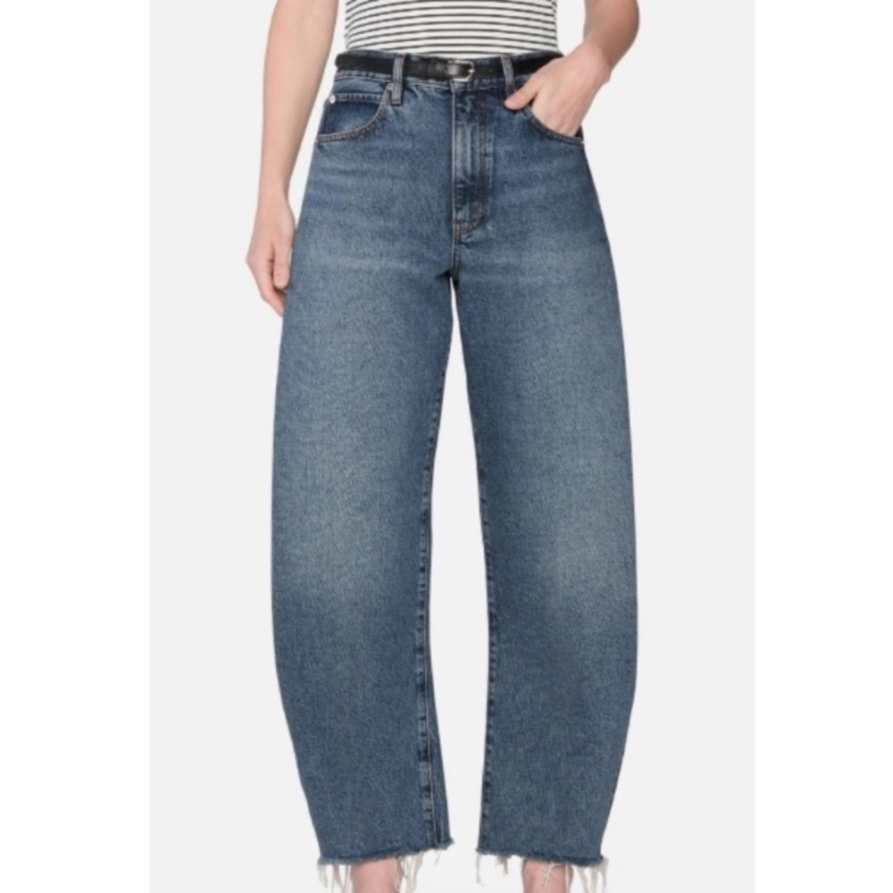 FRAME DENIM Luxury Premium The Bubble Crop in Knock Out Raw Fray Blue NWT